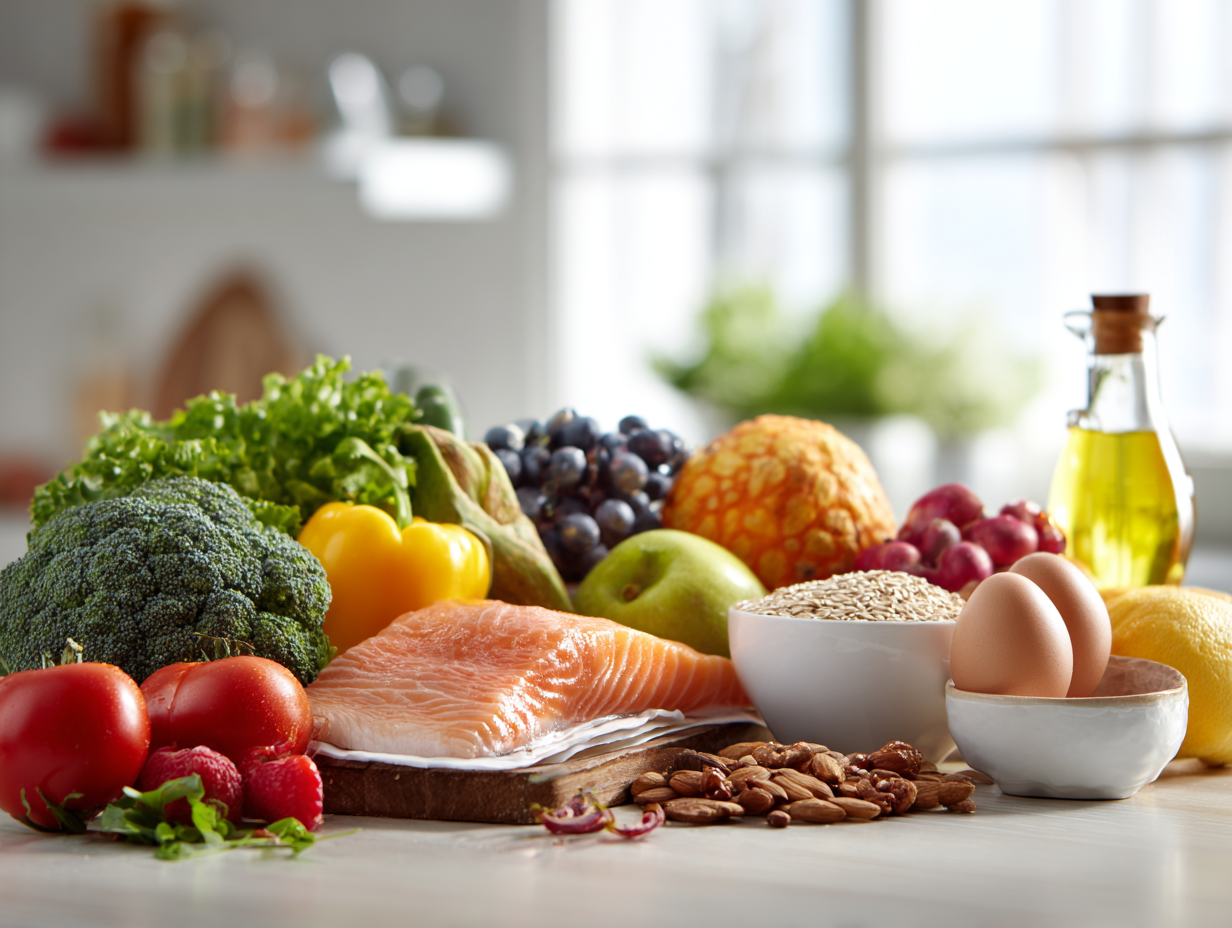 Людина планує збалансоване меню за ноутбуком з продуктами навколо